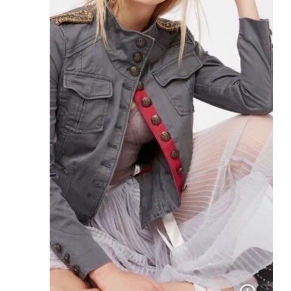 Free People Gray Utility Military Jacket with Red Trim and Gold Epaulets - Picture 4 of 16